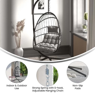 Emma And Oliver Awen Foldable Hanging Egg Chair With Woven Finish, Removable Cushions, And Included Stand For Indoor And Outdoor Use 11 Emma And Oliver Awen Foldable Hanging Egg Chair With Woven Finish, Removable Cushions, And Included Stand For Indoor And Outdoor Use - Image 9