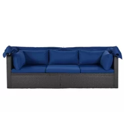 4pc Outdoor Wicker Rectangle Daybed With Canopy & Cushions - Blue - GODEER -Outdoor Furniture Store GUEST 2a0f8683 7145 4b24 9b42 a625853962b7
