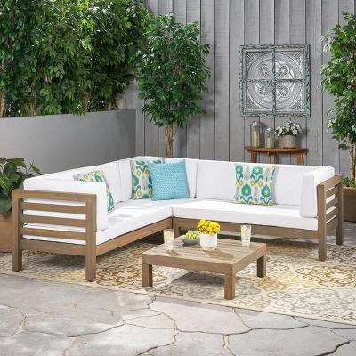 Oana 4pc Acacia Wood Patio Sectional Chat Set W/ Cushions - Christopher Knight Home 10 Oana 4pc Acacia Wood Patio Sectional Chat Set W/ Cushions - Christopher Knight Home - Image 8