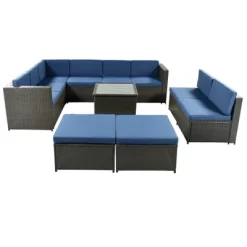 9pc Wicker Patio Sectional Seating Set With Cushions - Brown/Blue - GODEER -Outdoor Furniture Store GUEST 2abaa251 9b47 4ec8 a888 2f79ce94fbfa