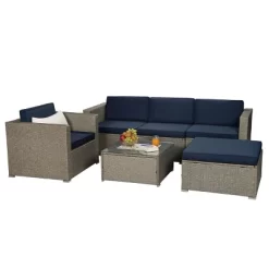 6pc Outdoor Rattan Wicker Set With Sectional, Chairs, Accent Table & Ottoman - Gray/Navy - GODEER -Outdoor Furniture Store GUEST 2b5d3b56 58ac 4372 8c06 a1fe6b5b3de2