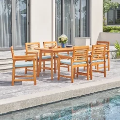 Waimea 7pc Honey Slatted Eucalyptus Wood Patio Dining Set With Cushions - Vifah