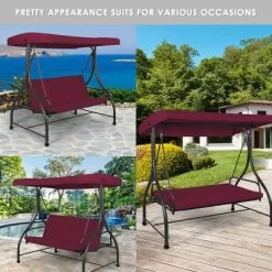 Costway Converting Outdoor Swing Canopy Hammock 3 Seats Patio Deck Furniture Wine Red -Outdoor Furniture Store GUEST 2b84182b 4e87 418c 98fe 03669b8af068