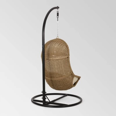 Ripley Outdoor Wicker Hanging Chair With Stand - Light Brown/Beige - Christopher Knight Home 9 Ripley Outdoor Wicker Hanging Chair With Stand - Light Brown/Beige - Christopher Knight Home - Image 7