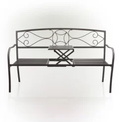 Metal Garden Bench With Retractable Table Black - Alpine Corporation