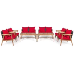 Tangkula 8PCS Patio Rattan Furniture Set Wood Frame Cushioned Sofa With Coffee Table Sectional Conversation Sofa Set For Garden Turquoise/Navy/Brown/Red -Outdoor Furniture Store GUEST 2e56c8d0 2667 4264 9c9d a989c7f2ff1a