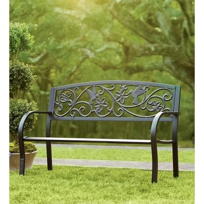 Plow & Hearth Hummingbird Metal Garden Bench, In Black 3 Plow & Hearth Hummingbird Metal Garden Bench, In Black
