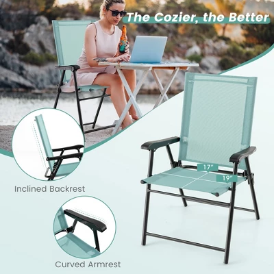Costway Patio Folding Sling Back Chair Portable Armrests Metal Outdoor Dining Green 9 Costway Patio Folding Sling Back Chair Portable Armrests Metal Outdoor Dining Green - Image 7