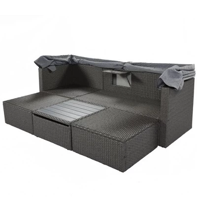 4pc Outdoor Wicker Rectangle Daybed With Canopy & Cushions - Gray - GODEER 10 4pc Outdoor Wicker Rectangle Daybed With Canopy & Cushions - Gray - GODEER - Image 8