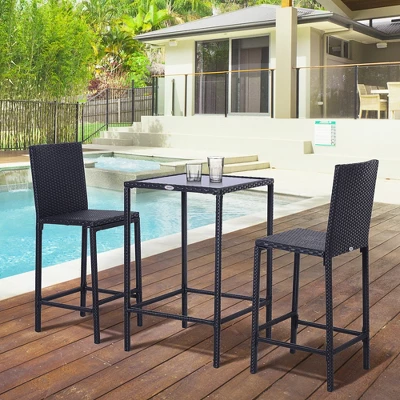 Outsunny 3 PCS Rattan Bar Set With Glass Top Table, 2 Bar Stools For Outdoor, Patio, Garden, Poolside, Backyard 3 Outsunny 3 PCS Rattan Bar Set With Glass Top Table, 2 Bar Stools For Outdoor, Patio, Garden, Poolside, Backyard