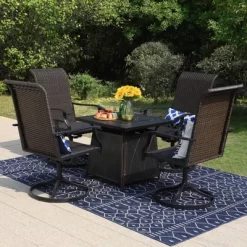 5pc Patio Dining Set With Square Steel Fire Pit With Faux Wood Tabletop & Rattan 360 Swivel Chairs - Captiva Designs