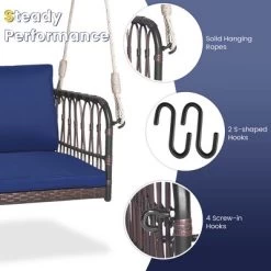 Costway Porch Swing Chair Rattan Woven Hanging Bench Seat With Cushions Hooks Balcony Navy -Outdoor Furniture Store GUEST 34483948 a3c4 44f1 a118 b647229754d3