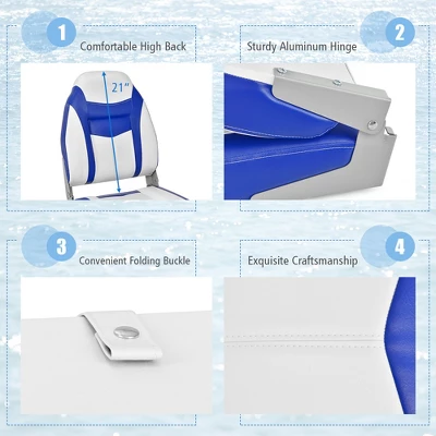 Costway High Back Folding Boat Seats W/ Blue White Sponge Cushion & Flexible Hinges 8 Costway High Back Folding Boat Seats W/ Blue White Sponge Cushion & Flexible Hinges - Image 6