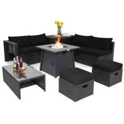 Costway 9PCS Patio Rattan Furniture Set Fire Pit Space-saving W/ Cushion Cover -Outdoor Furniture Store GUEST 36cb4397 94e1 4f48 b123 b32340acd8a5