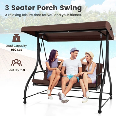 Costway 3-Seat Outdoor Converting Patio Swing Glider Adjustable Canopy Porch Swing Coffee/Black/Red 6 Costway 3-Seat Outdoor Converting Patio Swing Glider Adjustable Canopy Porch Swing Coffee/Black/Red - Image 4