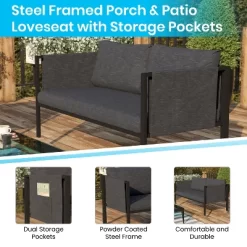 Flash Furniture Lea Indoor/Outdoor Loveseat With Cushions - Modern Steel Framed Chair With Storage Pockets -Outdoor Furniture Store GUEST 37680c68 8334 4b81 804f 3406d391b49d 1