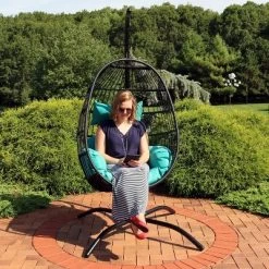 Sunnydaze Decor Sunnydaze Outdoor Resin Wicker Patio Dalia Hanging Basket Egg Chair With Cushions, Headrest, And Steel Stand Set - Teal - 3pc -Outdoor Furniture Store GUEST 3776b64b ab75 4ffb a442 a493b35ccab9