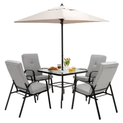 Costway 6PCS Patio Dining Set Stackable Chairs Cushioned Glass Table W/Umbrella -Outdoor Furniture Store GUEST 38887efd e524 4460 a36d d579e2888f16