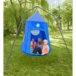 HearthSong Family HugglePod HangOut Hanging Tent With LED String Lights And Family HangOut Stand