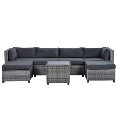 7pc Outdoor Set With Rattan Sofa & Cushions - Gray - GODEER 6 7pc Outdoor Set With Rattan Sofa & Cushions - Gray - GODEER - Image 4