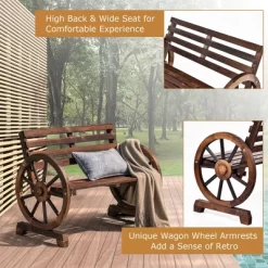 Costway Outdoor Wooden Wagon Wheel Garden Bench 2-Person Slatted Seat Armrests Rustic -Outdoor Furniture Store GUEST 3a4782c3 9865 46a0 80fe 3a5944879bec