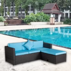 4pc Wicker Patio Sectional Seating Set With Cushions - Brown/Blue - GODEER -Outdoor Furniture Store GUEST 3f63acd8 18e3 42a0 ad4d f1ff0a7adc05
