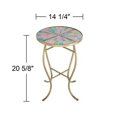 Teal Island Designs Modern Gold Round Outdoor Accent Side Table 14 1/4" Wide Pink Green Mosaic Tabletop For Front Porch Patio House Balcony 8 Teal Island Designs Modern Gold Round Outdoor Accent Side Table 14 1/4" Wide Pink Green Mosaic Tabletop For Front Porch Patio House Balcony - Image 6