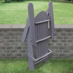 Merry Products Real Acacia Hardwood Flat Folding Adirondack Patio Chair With Tall Backrest, Curved Seat, And Wide Armrests, Gray