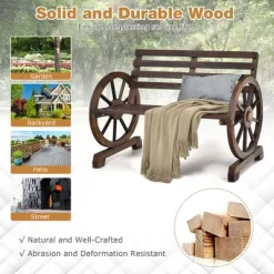 Costway Outdoor Wooden Wagon Wheel Garden Bench 2-Person Slatted Seat Armrests Rustic -Outdoor Furniture Store GUEST 3fd4cab9 a4e2 449d ad93 525cbd0718f9