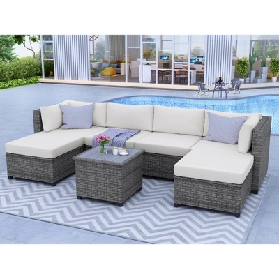 7pc Outdoor Wicker Seating Set With Cushions - Beige - GODEER 3 7pc Outdoor Wicker Seating Set With Cushions - Beige - GODEER