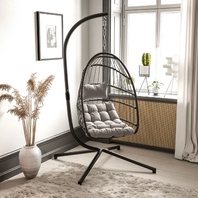 Emma And Oliver Awen Foldable Hanging Egg Chair With Woven Finish, Removable Cushions, And Included Stand For Indoor And Outdoor Use 8 Emma And Oliver Awen Foldable Hanging Egg Chair With Woven Finish, Removable Cushions, And Included Stand For Indoor And Outdoor Use - Image 6