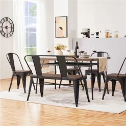 Yaheetech Industrial Metal Dining Bench With Wooden Top For Patio, Kitchen, Garden Black