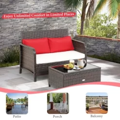 Costway 2PCS Patio Rattan Wicker Love-seat Coffee Table Set Cushioned Bench Garden Deck -Outdoor Furniture Store GUEST 418aa4c9 22a6 4c24 982d 53d834750f61