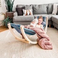 HearthSong - Kids Indoor Lightweight Wood And Blue Cotton Polyester Rocking Floor Hammock With Pillow, 50"L X 14"W -Outdoor Furniture Store GUEST 41ef3b40 3d29 4228 8c84 d77e00c0ab88