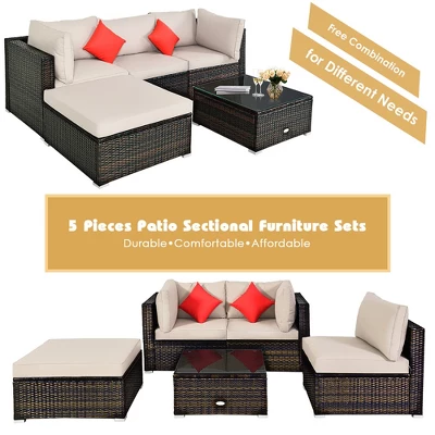 Costway 5PCS Patio Rattan Furniture Set Sectional Conversation W/Beige Cushion 7 Costway 5PCS Patio Rattan Furniture Set Sectional Conversation W/Beige Cushion - Image 5