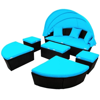 6pc Wicker Round Outdoor Sectional Set With Cushions - Black/Blue - GODEER 13 6pc Wicker Round Outdoor Sectional Set With Cushions - Black/Blue - GODEER - Image 11