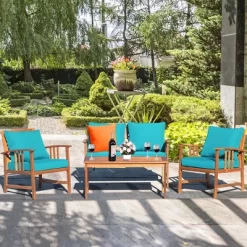 Costway 8PCS Wooden Patio Furniture Set Table Sofa Chair Cushioned Garden Turquoise -Outdoor Furniture Store GUEST 464cd69a faf2 4706 ae68 55b340bd7687