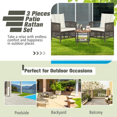 Costway Patiojoy 3PCS Patio Rattan Furniture Set Cushioned Sofas Wood Table Top W/Shelf 6 Costway Patiojoy 3PCS Patio Rattan Furniture Set Cushioned Sofas Wood Table Top W/Shelf - Image 4