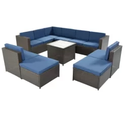 9pc Wicker Patio Sectional Seating Set With Cushions - Brown/Blue - GODEER -Outdoor Furniture Store GUEST 4801d53e 9c34 47f1 964f 49790f2ac1b9