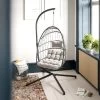 Merrick Lane Foldable Woven Hanging Egg Chair In Gray With Removable Gray Cushions And Stand For Indoor And Outdoor Use