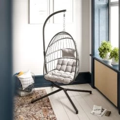 Outdoor Furniture Store 37 Merrick Lane Foldable Woven Hanging Egg Chair In Gray With Removable Gray Cushions And Stand For Indoor And Outdoor Use
