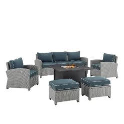 Bradenton 6pc Outdoor Wicker Sofa And Arm Chair Seating Set With Dante Fire Table And 2 Ottomans - Navy/Gray - Crosley -Outdoor Furniture Store GUEST 48adff7a 4f9a 4b30 8211 7cb14cc23792