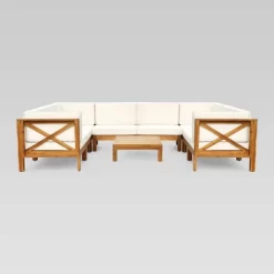 Brava 9pc Acacia Sectional Sofa Set - Teak/Beige - Christopher Knight Home