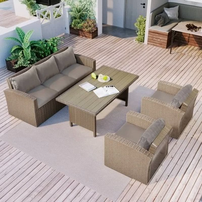 4pc Outdoor Wicker Conversation Set With Cushions - Gray - GODEER 5 4pc Outdoor Wicker Conversation Set With Cushions - Gray - GODEER - Image 3