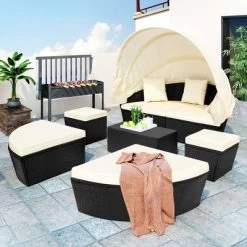 6pc Wicker Round Outdoor Sectional Set With Cushions - Black/Beige - GODEER -Outdoor Furniture Store GUEST 4a1d96ff af7f 4aeb a691 c4c3d014e67e