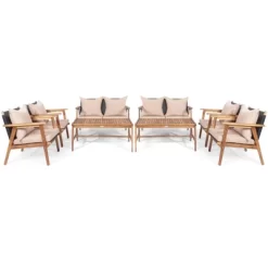 Tangkula 8PCS Patio Rattan Furniture Set Wood Frame Cushioned Sofa With Coffee Table Sectional Conversation Sofa Set For Garden Turquoise/Navy/Brown/Red -Outdoor Furniture Store GUEST 4a540613 7074 45d4 9f1c 16b26e428a0f