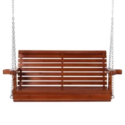 Outsunny 46" 2-Person Porch Swing Wooden Patio Swing Bench With Cup Holders, Slatted Design, & Chains Included, 440lb Weight Capacity -Outdoor Furniture Store GUEST 4b13271c ae5e 47ec 9bc0 255b243b04e8