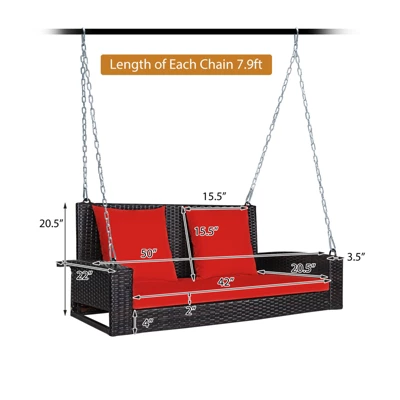 Tangkula Outdoor Wicker Porch Swing Bench 2-Person Patio Rattan Swing Chair W/ Soft Cushions White/Turquoise/Red/Black 9 Tangkula Outdoor Wicker Porch Swing Bench 2-Person Patio Rattan Swing Chair W/ Soft Cushions White/Turquoise/Red/Black - Image 7