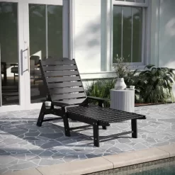 Merrick Lane Gaylord Adjustable Adirondack Lounger With Cup Holder- All-Weather Indoor/Outdoor HDPE Lounge Chair In Black