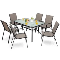 Costway 7PCS Patio Dining Set 6 Stackable Chairs Glass Table Umbrella Hole Yard -Outdoor Furniture Store GUEST 4cb655a9 15de 4ce6 bfe6 2fe6143d9853